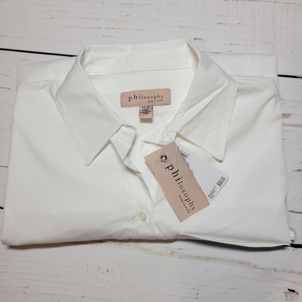 Philosophy White Oversized Button-Down Shirt Hi-Lo Hem Boxy Fit Classic Size XS - Picture 3 of 11